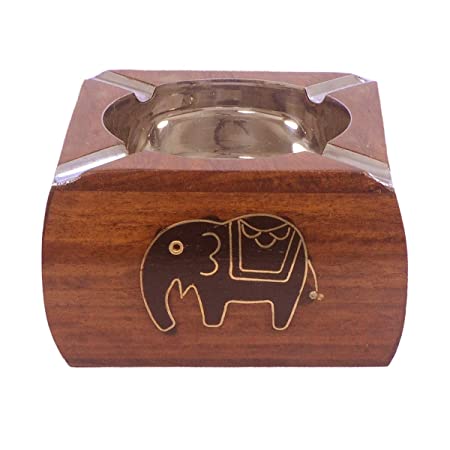 All About Wood Handcrafted Sheesham and Stainless Steel Container Brass Black Elephant Design Wooden Handmade Ashtray for Hom1