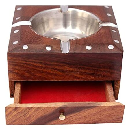 CRAFTLAND Handmade Wooden Square Shape Ashtray with Cigarette Holder 4 Slots for Office car Home.