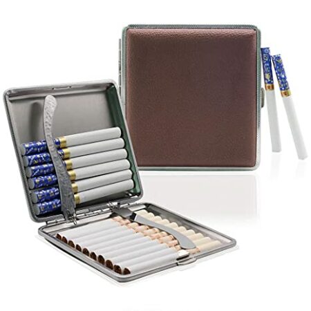 HASTHIP® Cigarette Case King Size for Men Women Holds 20 Cigarettes Case Box Holder Brown Leather Vintage Hard Metal Full Pack