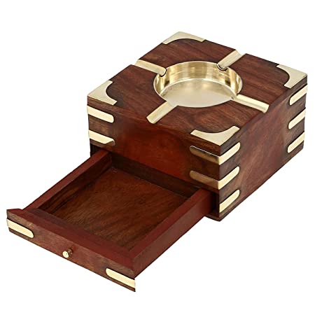 ITOS365 Wooden Decorative Ashtray with Cigarette Storage Case Box Drawer (Large)