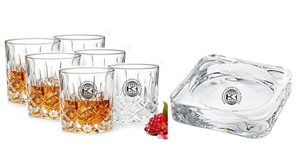 King International Glass Crystal Straight Whisky with Ash Tray Set, 7 Piece, Clear
