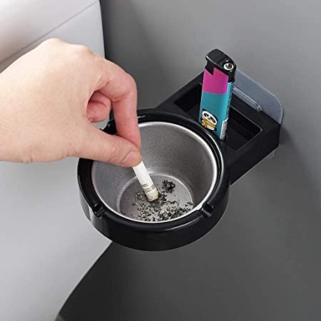 Leeonz® Adhesive Wall-Mounted Stainless Steel Cigarette Ashtray for Bathroom Toilet Hotel Compartment for Lighter Soap Dish Ash Holder for Smokers (Black)1