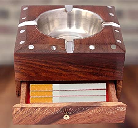 RGrandsons® Handmade Wooden Ashtray with Cigarette Holder 4 Slots for Home Office Car Gifts with drawar1