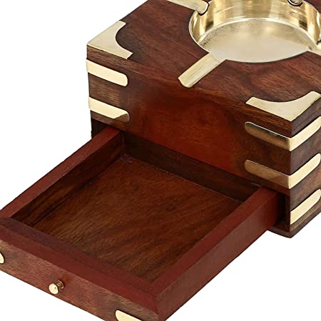 ITOS365 Wooden Decorative Ashtray with Cigarette Storage Case Box Drawer (Large)2