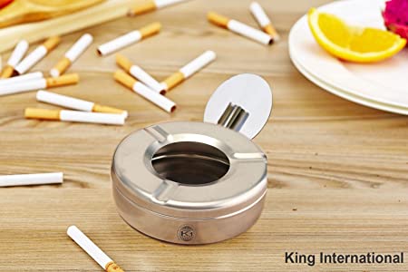 King International Stainless Steel Ash Tray with Lid, 9 cm2