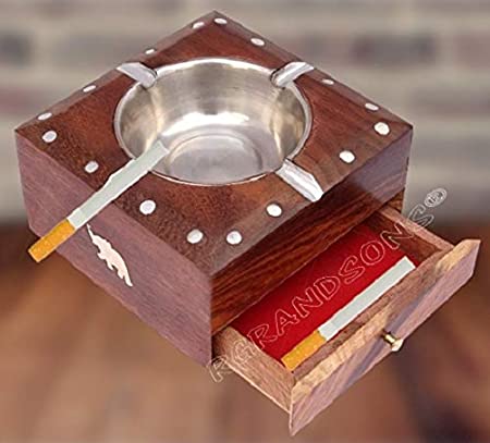 RGrandsons® Handmade Wooden Ashtray with Cigarette Holder 4 Slots for Home Office Car Gifts with drawar