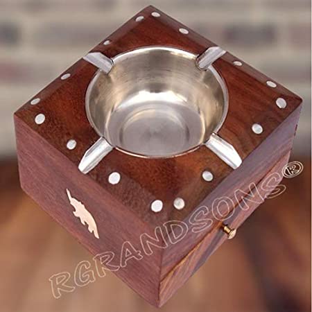 RGrandsons® Handmade Wooden Ashtray with Cigarette Holder 4 Slots for Home Office Car Gifts with drawar2