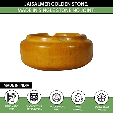Unique Golden Stone Ashtray from jaisalmer by Maharaj Creation (10 cm x 10 cm x 3 cm, Gold)3